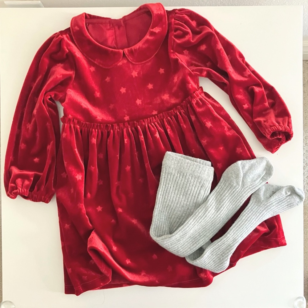 Marks & Spencer Red Velvet Holiday Dress with Gray Tights Set